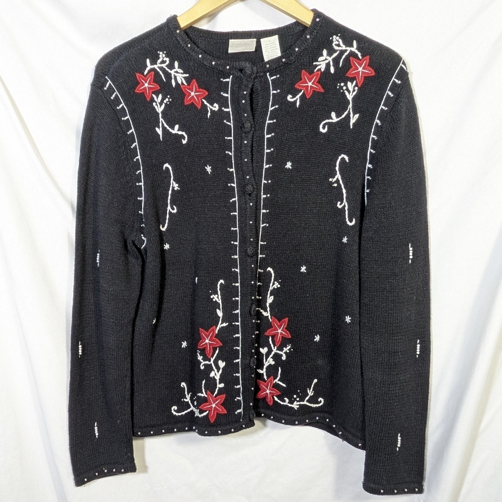ERIKA Ugly Christmas Cardigan Sweater,‎ Pointsetta Embellished Holiday Sz L